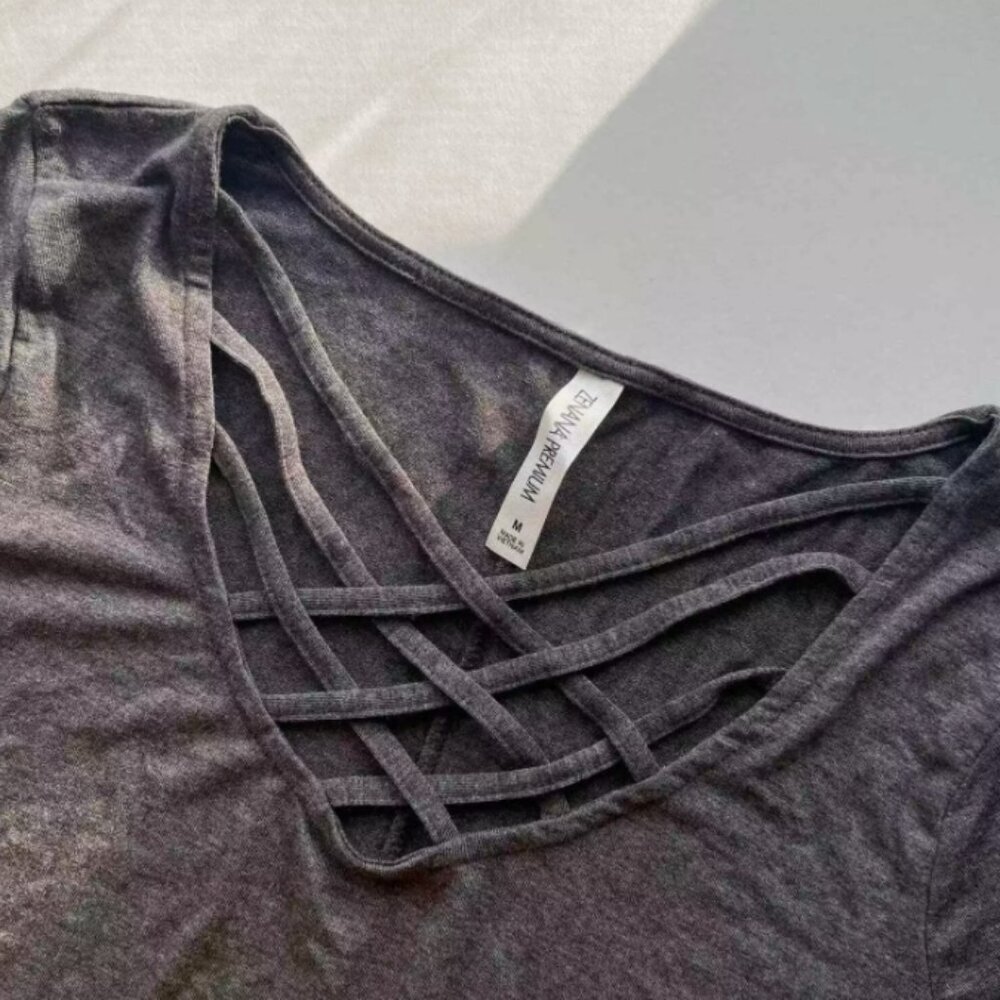 Last ones! New Zenana Premium Women's Heathered Grey Lattice Cross Neckline Sm